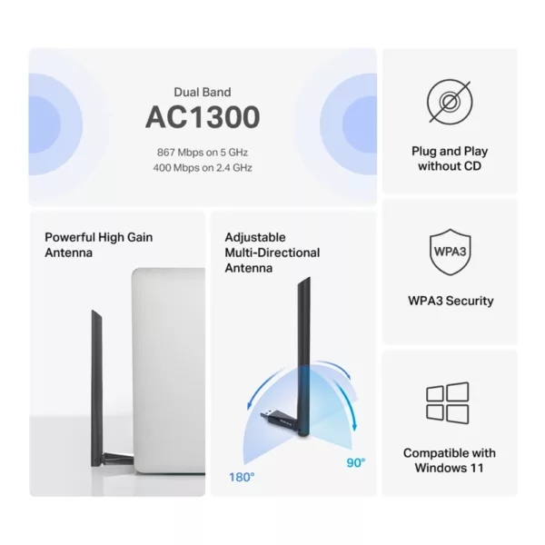 TP-Link WLAN-Adapter »Mercusys MA30H AC1300 High Gain«, (1300 Mbit/s 5 GHz), Wi-Fi 5, Plug&Play, Windows 10/11 – Bild 5