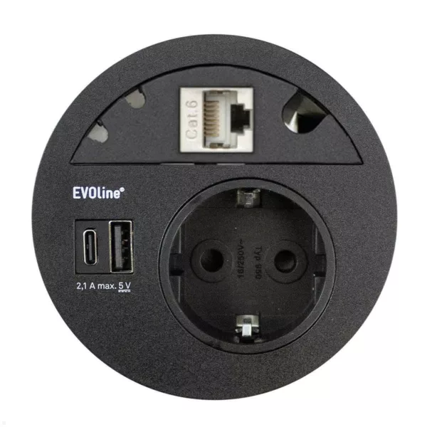 EVOline Circle80 Einbausteckdose mit USB-Doppelcharger A/C, Blende CAT6A, schwar...