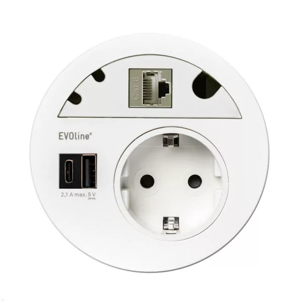 EVOline Circle80 Einbausteckdose mit USB-Doppelcharger A/C, Blende CAT6A, wei?