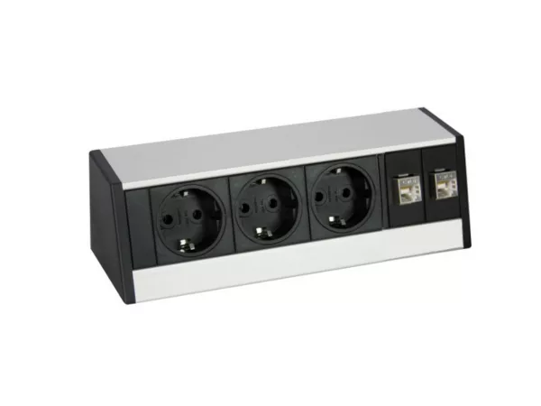 EVOline R-Dock Data small Tischanschlussfeld 3-fach Steckdose 2x CAT6 LAN, silbe...