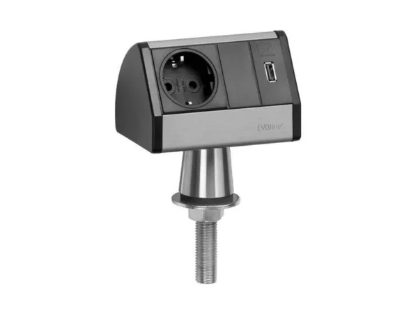 EVOline T-Dock 1x Steckdose auf Edelstahlfu? mit USB-Charger, schwarz