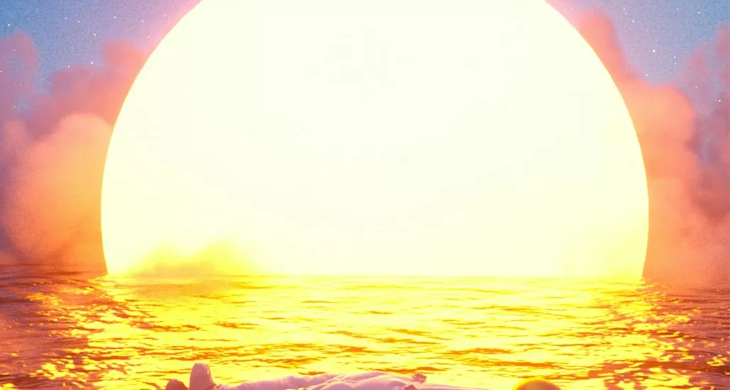 Astronaut floats in a sea under a radiant sun.