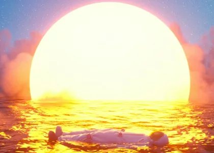 Astronaut floats in a sea under a radiant sun.