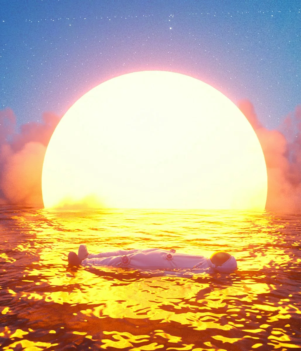 Astronaut floats in a sea under a radiant sun.