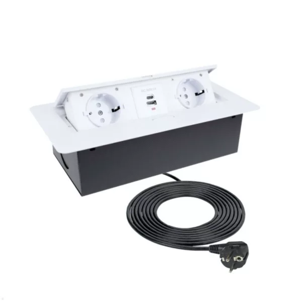 TecLines TES009W 2-fach Einbausteckdose mit USB A/C Charger, 3m Kabel, wei?