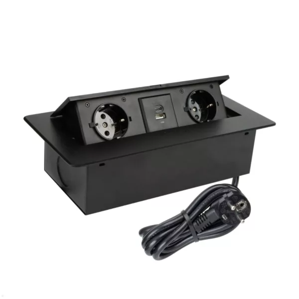 TecLines TES010B 2-fach Einbausteckdose mit USB A/C Charger, 1,5 m Kabel, schwar...