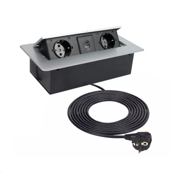 TecLines TES010S 2-fach Einbausteckdose mit USB A/C Charger, 1,5m Kabel, silber