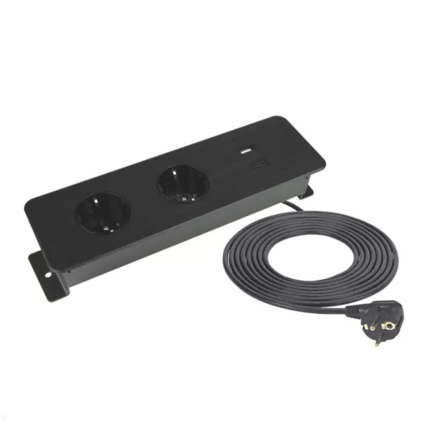 TecLines TES017B 2-fach Einbausteckdose mit USB A/C Charger, 1,5 m Kabel, schwar...