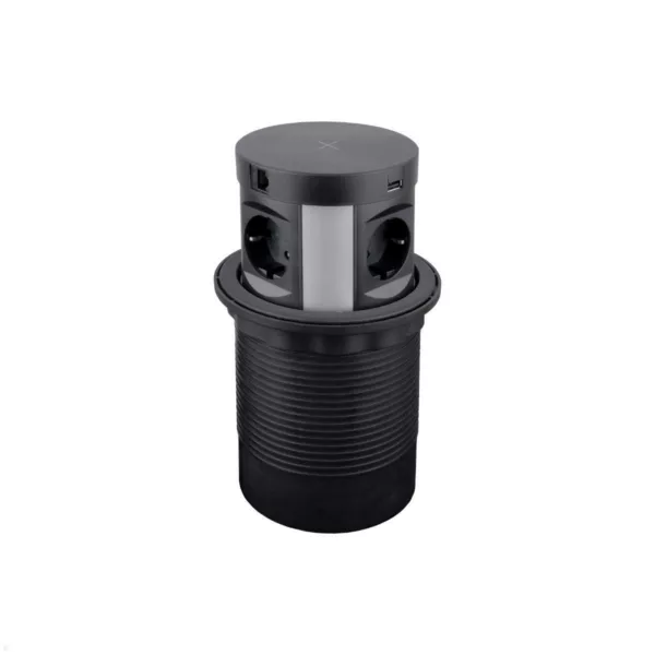 TecLines TVS003B versenkbare 4-fach Steckdose, Qi, 2x USB-A, 2x RJ45, schwarz