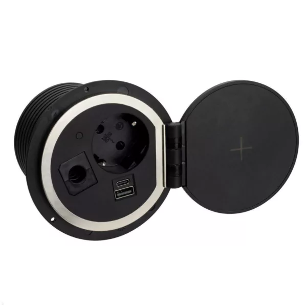 TecLines TES005B Einbausteckdose mit USB-Charger und Qi Ladeger?t schwarz