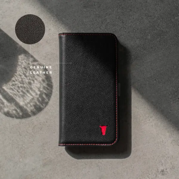 iPhone 11 Pro Lederhülle (mit Standfunktion) - Schwarz mit Rotem Detail – Bild 5