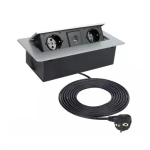 TecLines TES010S 2-fach Einbausteckdose mit USB A/C Charger, 1,5m Kabel, silber