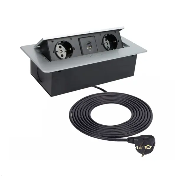 TecLines TES010S 2-fach Einbausteckdose mit USB A/C Charger, 1,5m Kabel, silber