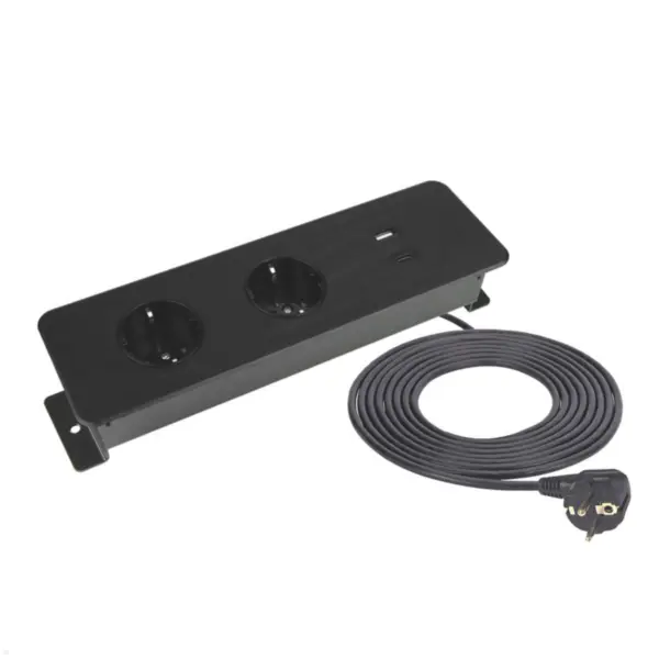 TecLines TES017B 2-fach Einbausteckdose mit USB A/C Charger, 1,5 m Kabel, schwar...