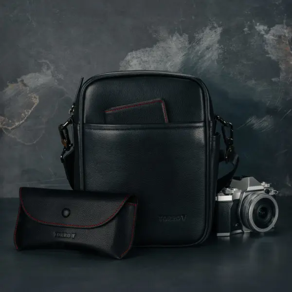 Leder Crossbody Umhängetasche - Schwarz – Bild 4