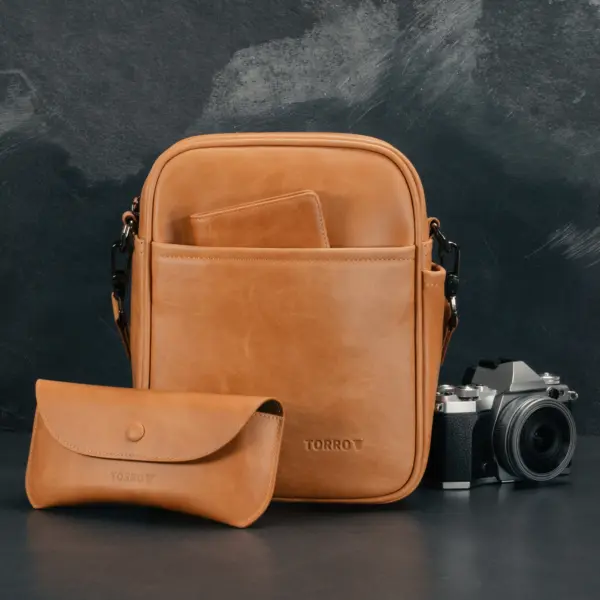 Leder Crossbody Umhängetasche - Hellbraun – Bild 4