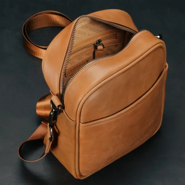 Leder Crossbody Umhängetasche - Hellbraun – Bild 2