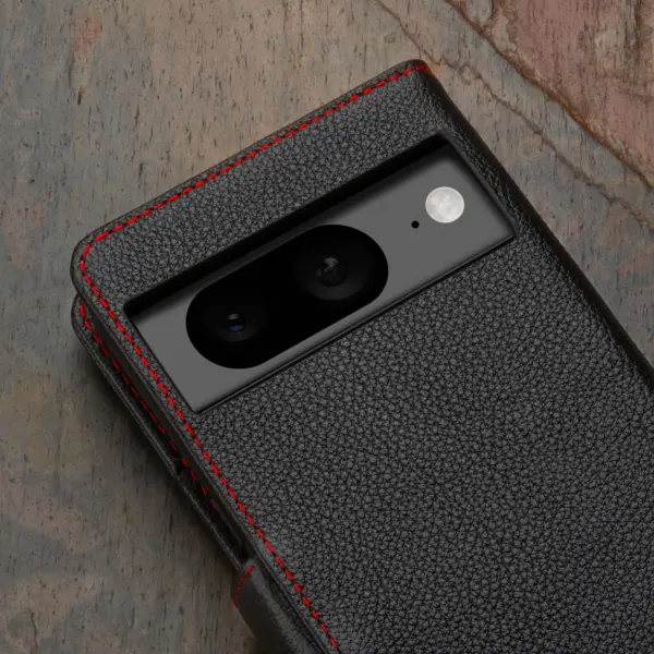 Google Pixel 8 Lederhülle (mit Standfunktion & Brieftasche) - Schwarz mit Rotem Detail – Bild 5
