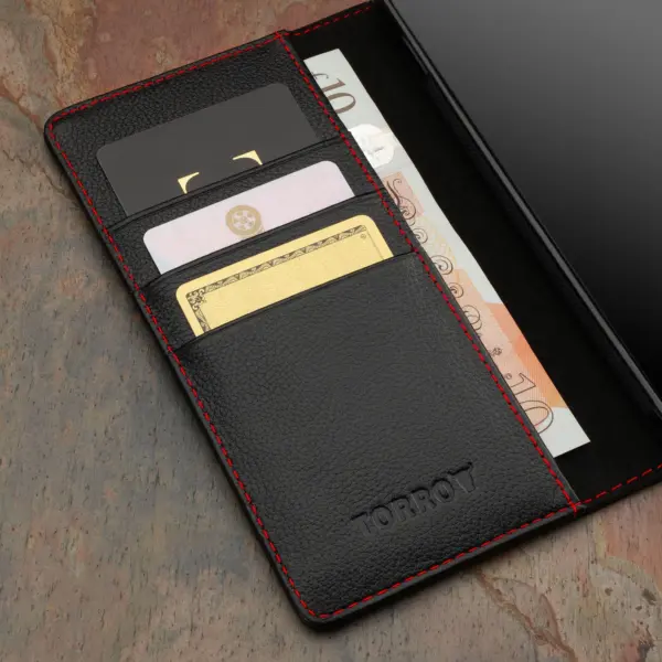 Google Pixel 8a Lederhülle (mit Standfunktion & Brieftasche) - Schwarz mit Rotem Detail – Bild 3