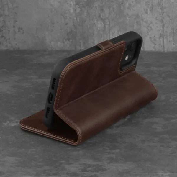 iPhone 12 Mini Lederhülle (mit Standfunktion) - Dunkelbraun – Bild 2