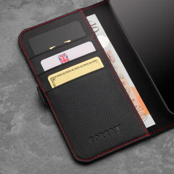 iPhone 12 Mini Lederhülle (mit Standfunktion) - Schwarz mit Rotem Detail – Bild 4
