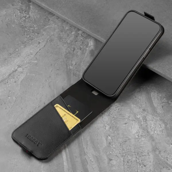 iPhone 13 Leder Flip Hülle (mit MagSafe-Aufladung) - Schwarz mit Rotem Detail – Bild 2