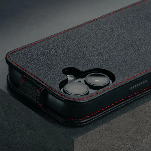 iPhone 16 Leder Flip Hülle (MagSafe Laden) - Schwarz mit Rotem Detail – Bild 3