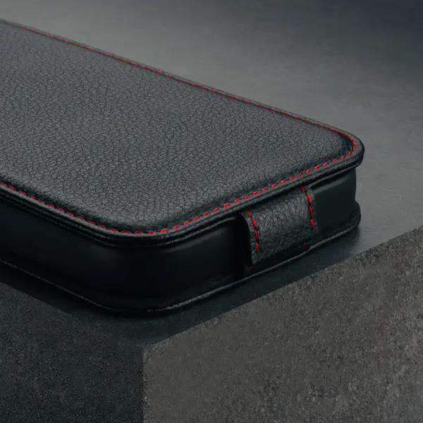 iPhone 16 Leder Flip Hülle (MagSafe Laden) - Schwarz mit Rotem Detail – Bild 4