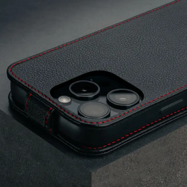 iPhone 16 Pro Leder Flip Hülle (MagSafe Laden) - Schwarz mit Rotem Detail – Bild 3