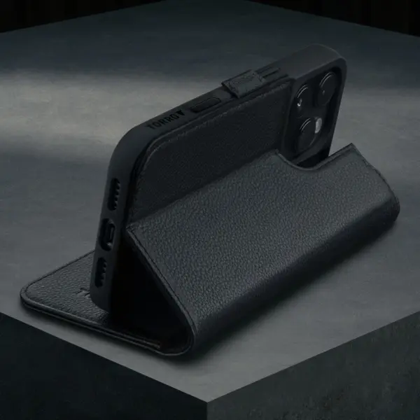 iPhone 16 Pro Max Lederhülle (Standfunktion & MagSafe kompatibel) - Schwarz – Bild 2