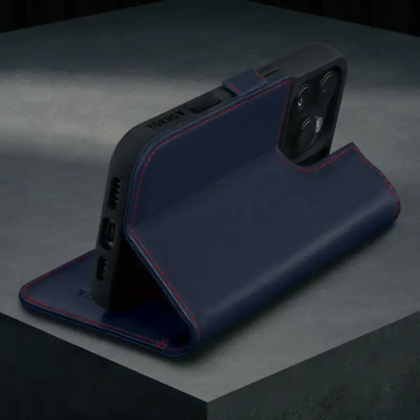 iPhone 16 Pro Lederhülle (mit Standfunktion und MagSafe Laden) - Marineblau – Bild 2