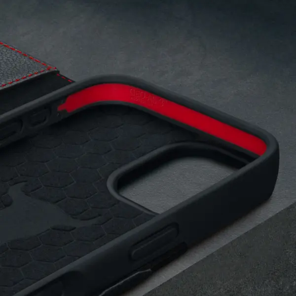 iPhone 16 Lederhülle (mit Standfunktion und MagSafe Laden) - Schwarz mit Rotem Detail – Bild 5