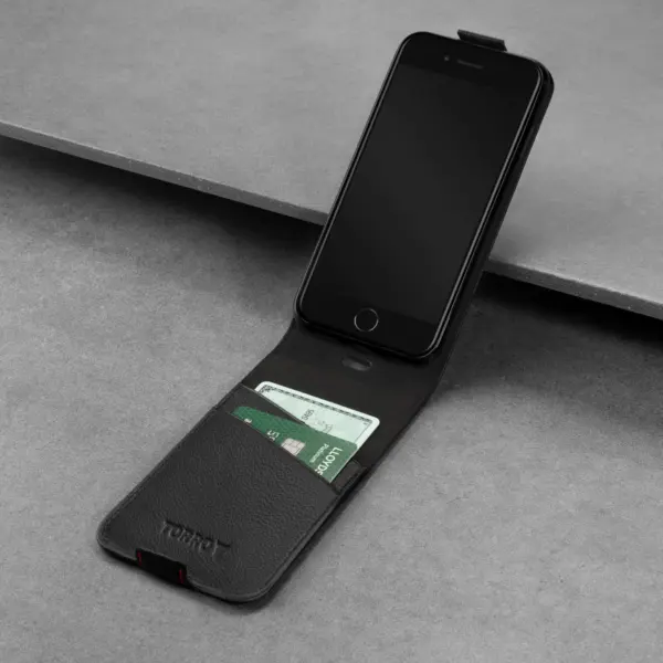 iPhone SE & iPhone 8/7 Leder Flip Hülle - Schwarz mit Rotem Detail – Bild 4