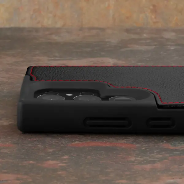 Galaxy S23 Ultra Leder Bumper Hülle - Schwarz mit Rotem Detail – Bild 2