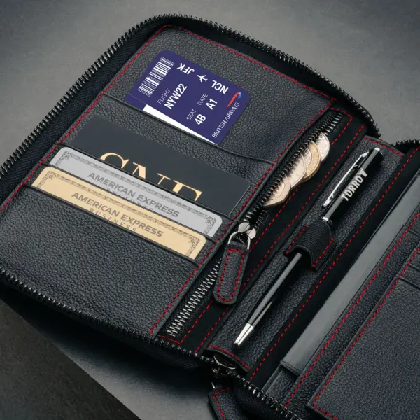 Reisebrieftasche aus Leder - Schwarz mit Rotem Detail – Bild 5