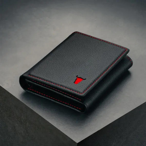 Dreifach faltbare Lederbrieftasche (mit RFID-Schutz) - Schwarz mit Rotem Detail – Bild 2