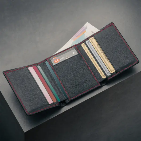 Dreifach faltbare Lederbrieftasche (mit RFID-Schutz) - Schwarz mit Rotem Detail – Bild 3