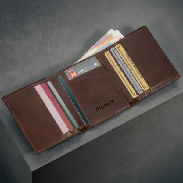 Dreifach faltbare Lederbrieftasche (mit RFID-Schutz) - Dunkelbraun – Bild 3