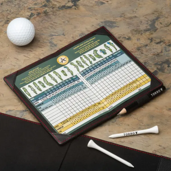 Leder-Golf-Scorecard-Halter und Yardage-Buch-Cover - Schwarz mit Rotem Detail – Bild 4