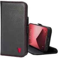 iPhone 14 Lederhülle (mit Standfunktion) - Schwarz mit Rotem Detail