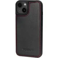 iPhone 15 Plus Leder Bumper Hülle (mit MagSafe-Aufladung) - Schwarz mit Rotem Detail