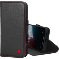 iPhone 16 Lederhülle (mit Standfunktion und MagSafe Laden) - Schwarz mit Rotem Detail